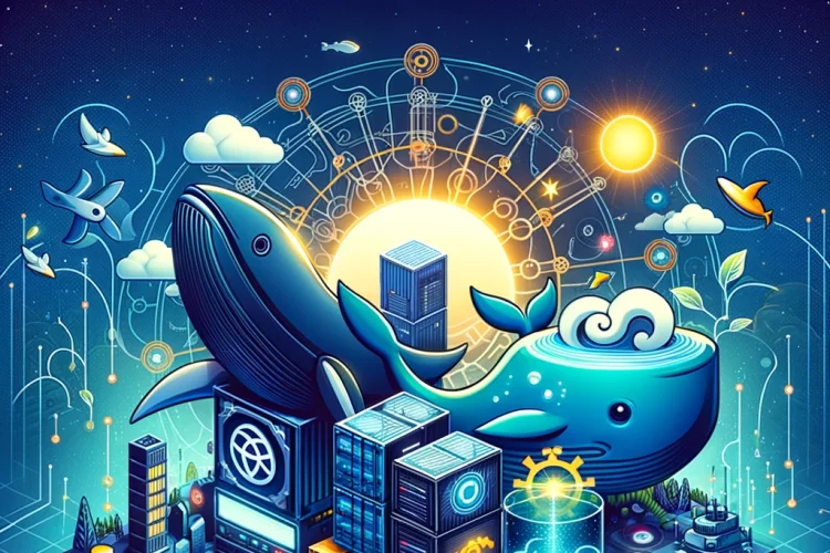 DALL·E 2024 02 28 22.26.40 Design a compelling cover image for the theme Kubernetes vs Docker The World of Containers. The image should creatively depict the dynamic and comp
