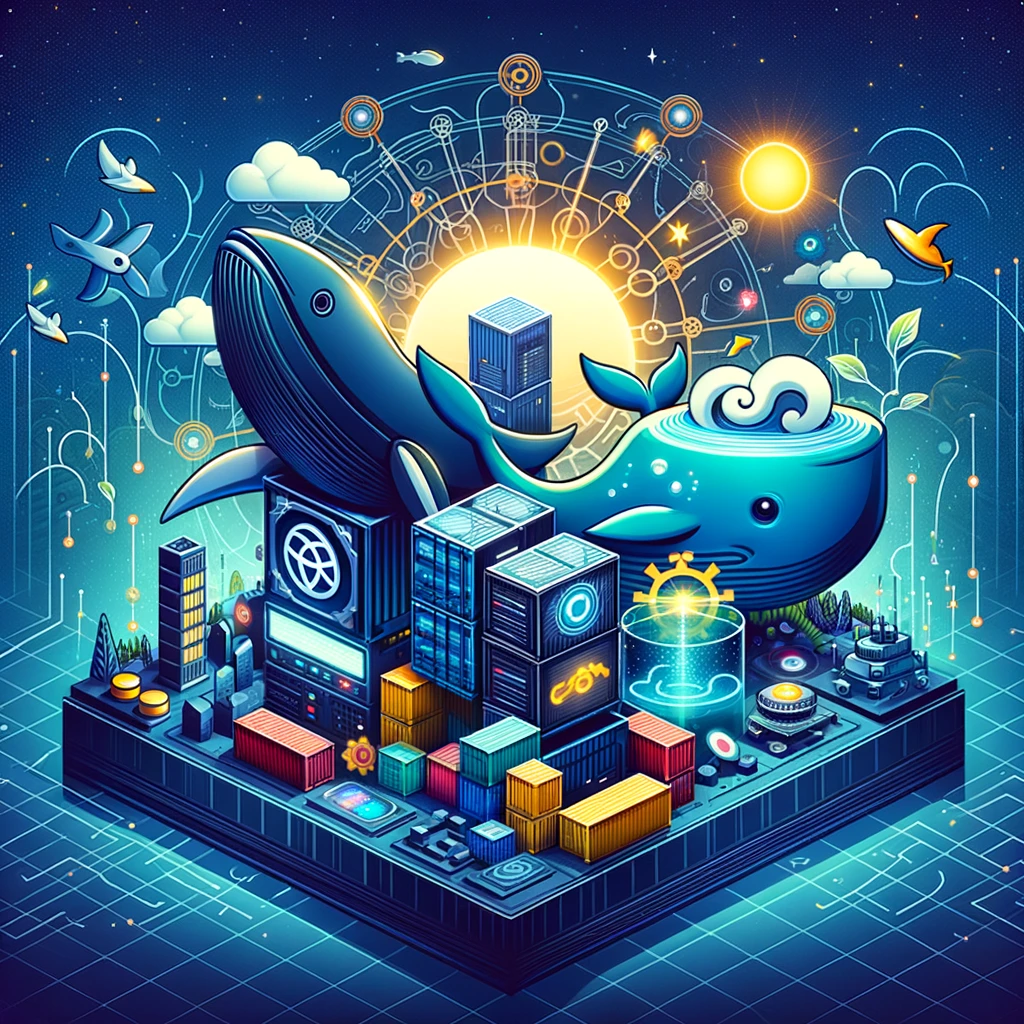 DALL·E 2024 02 28 22.26.40 Design a compelling cover image for the theme Kubernetes vs Docker The World of Containers. The image should creatively depict the dynamic and comp