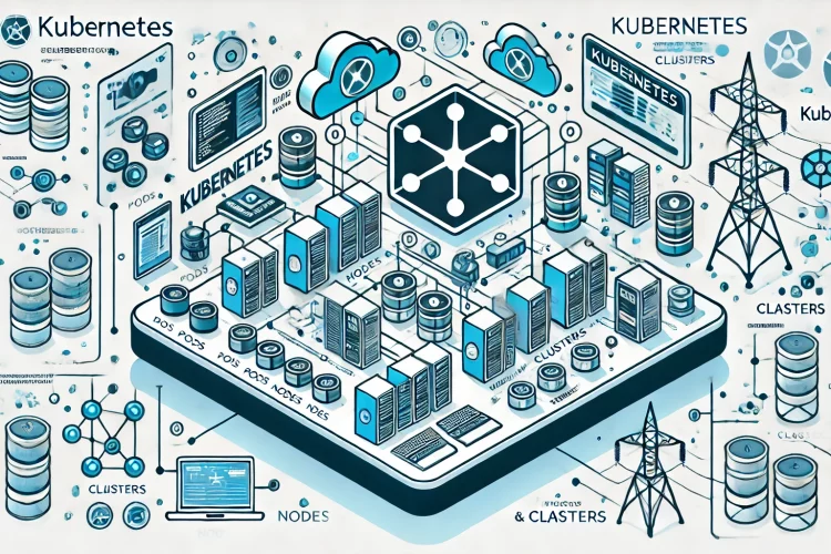 DALL·E 2024 07 16 19.15.14 A detailed illustration of Kubernetes in a rectangular format. The image should feature the Kubernetes logo prominently surrounded by various compone