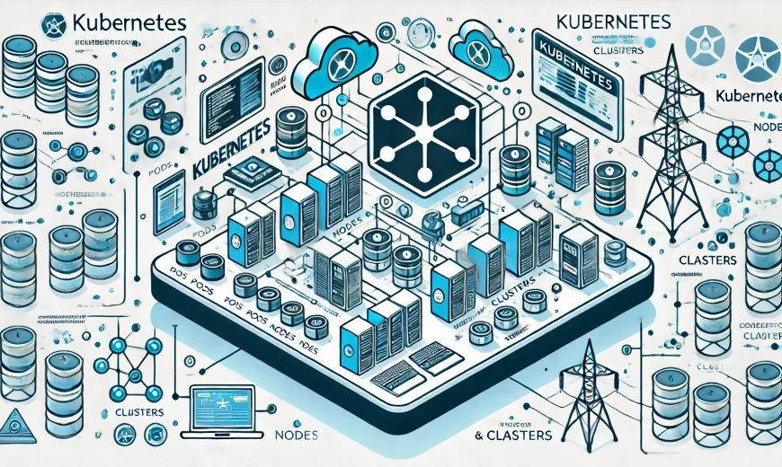 DALL·E 2024 07 16 19.15.14 A detailed illustration of Kubernetes in a rectangular format. The image should feature the Kubernetes logo prominently surrounded by various compone