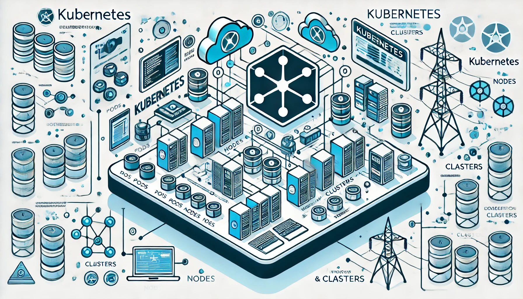 DALL·E 2024 07 16 19.15.14 A detailed illustration of Kubernetes in a rectangular format. The image should feature the Kubernetes logo prominently surrounded by various compone