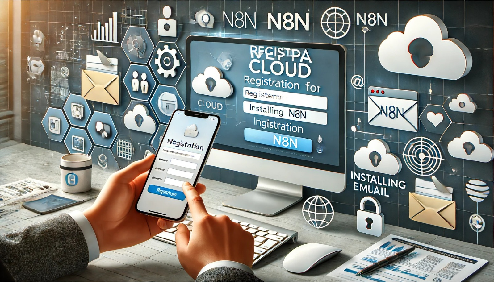 An image showing the process of registering for Weppa Cloud and installing n8n. Depict a computer screen displaying the Weppa Cloud website with a registration form being filled out. Show a confirmation email being received on a smartphone. In the background, include icons representing cloud technology, data security, and various web applications. Emphasize the ease of use and the initial setup process in a modern, high-tech office environment.