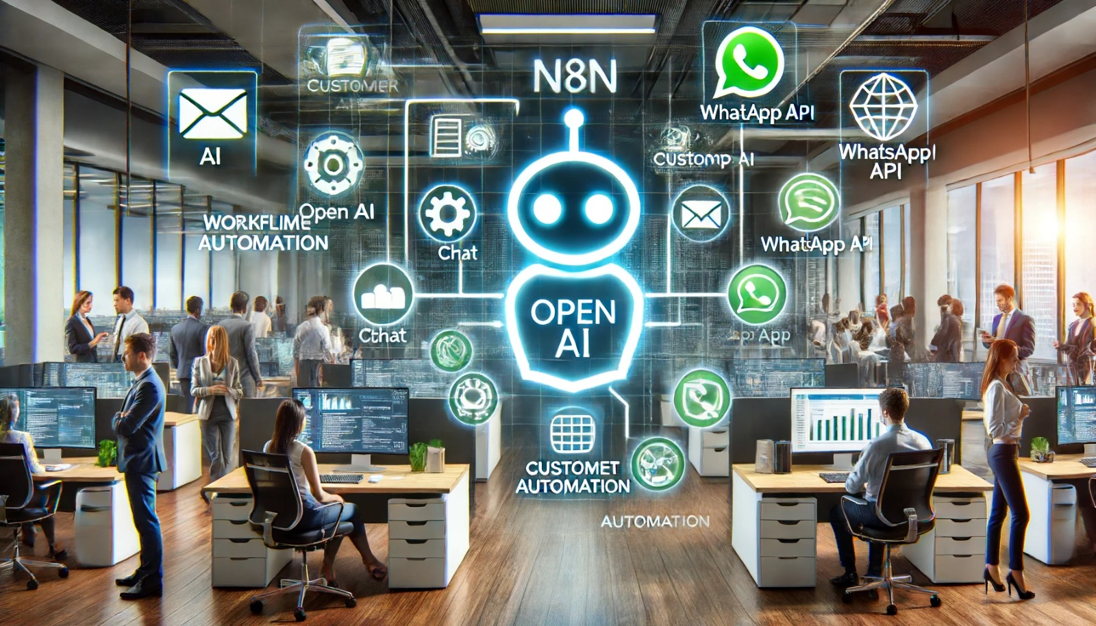 An image illustrating the use of n8n in marketing automation. Show a marketing team in an office setting, with a large screen displaying workflow diagrams and marketing metrics. Include icons and visuals representing email campaigns, customer data management, real-time analytics, and creative strategy. Emphasize the automation of repetitive tasks, allowing the team to focus on creativity and strategy. The background should include elements like graphs, charts, and interconnected application icons to represent the integration and flow of data.