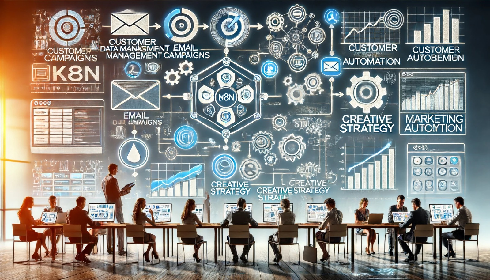 An image illustrating a workflow automation created with n8n. Show a modern office with a large screen displaying a chatbot workflow using Open AI and WhatsApp API. Include icons representing AI, chat, customer interactions, and automation. Emphasize the seamless integration and real-time response capabilities in a high-tech, collaborative environment.