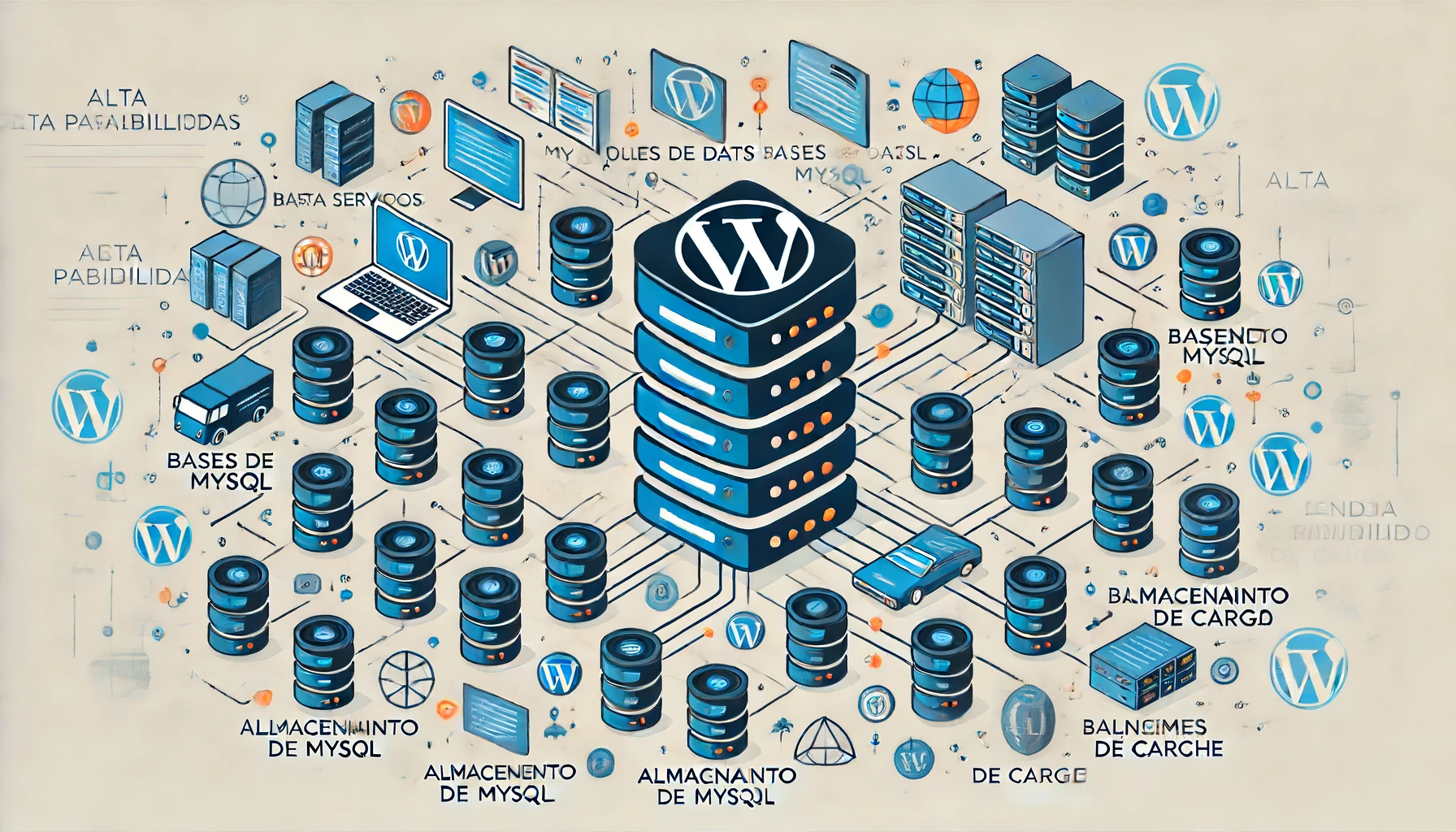 DALL·E 2024 06 14 21.43.44 Una imagen rectangular que ilustre un cluster de WordPress. Muestra varios servidores conectados entre si representando una red robusta. Incluye icon