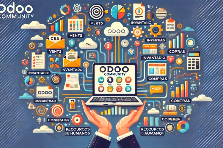DALL·E 2024 06 15 22.46.10 Una imagen mostrando el concepto general de Odoo Community. Incluir iconos y graficos representando la versatilidad y flexibilidad del software con e
