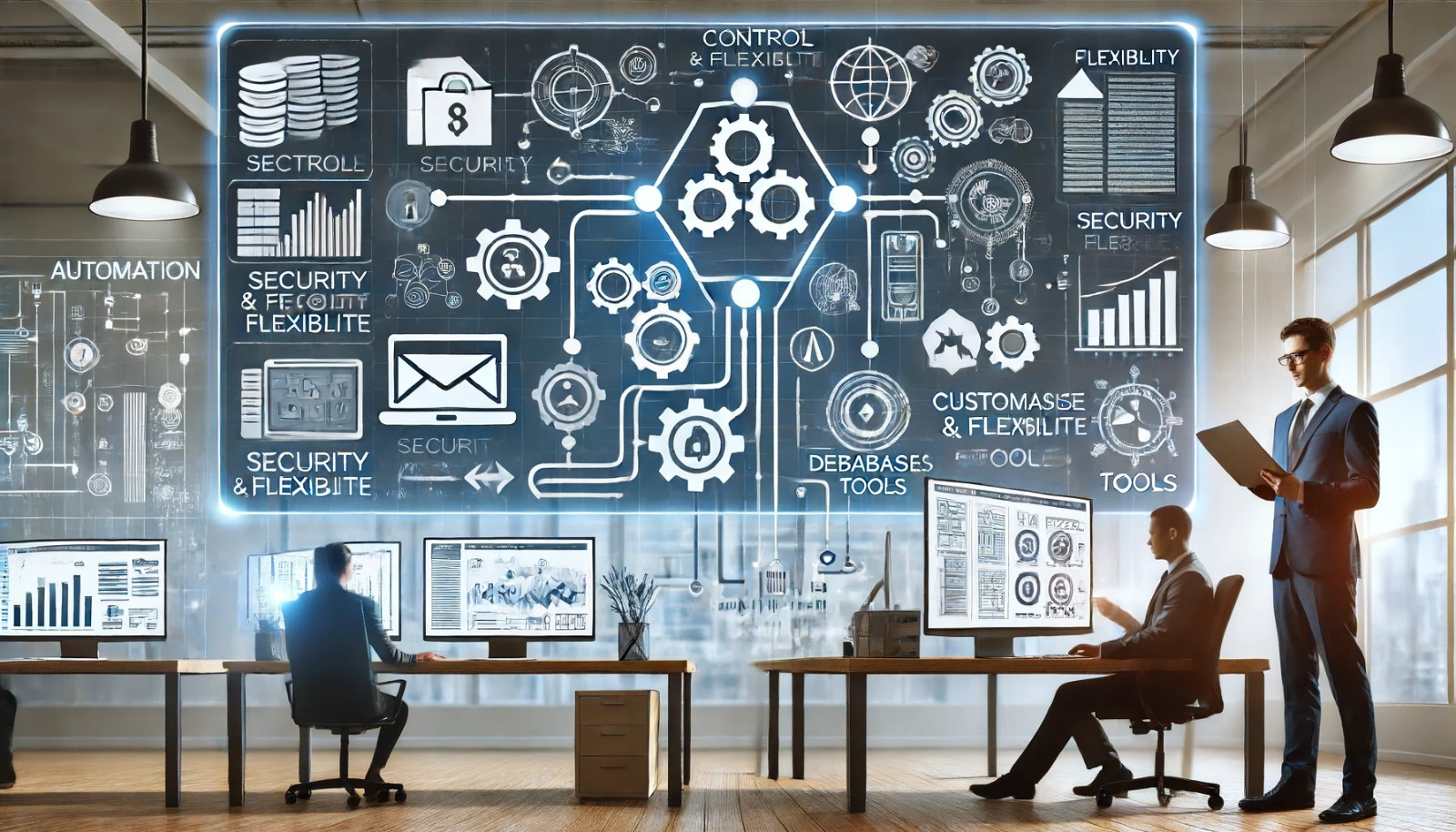 An image depicting the transformation and benefits of using n8n for workflow automation with Weppa Cloud. Show a modern office environment with a diverse team collaborating on computers. Display a large screen with workflow diagrams and icons representing various applications like databases, notifications, and integrations. Emphasize security, efficiency, and productivity with elements like cloud technology, data flow, and seamless integration. Include Weppa Cloud and n8n logos to highlight the partnership.