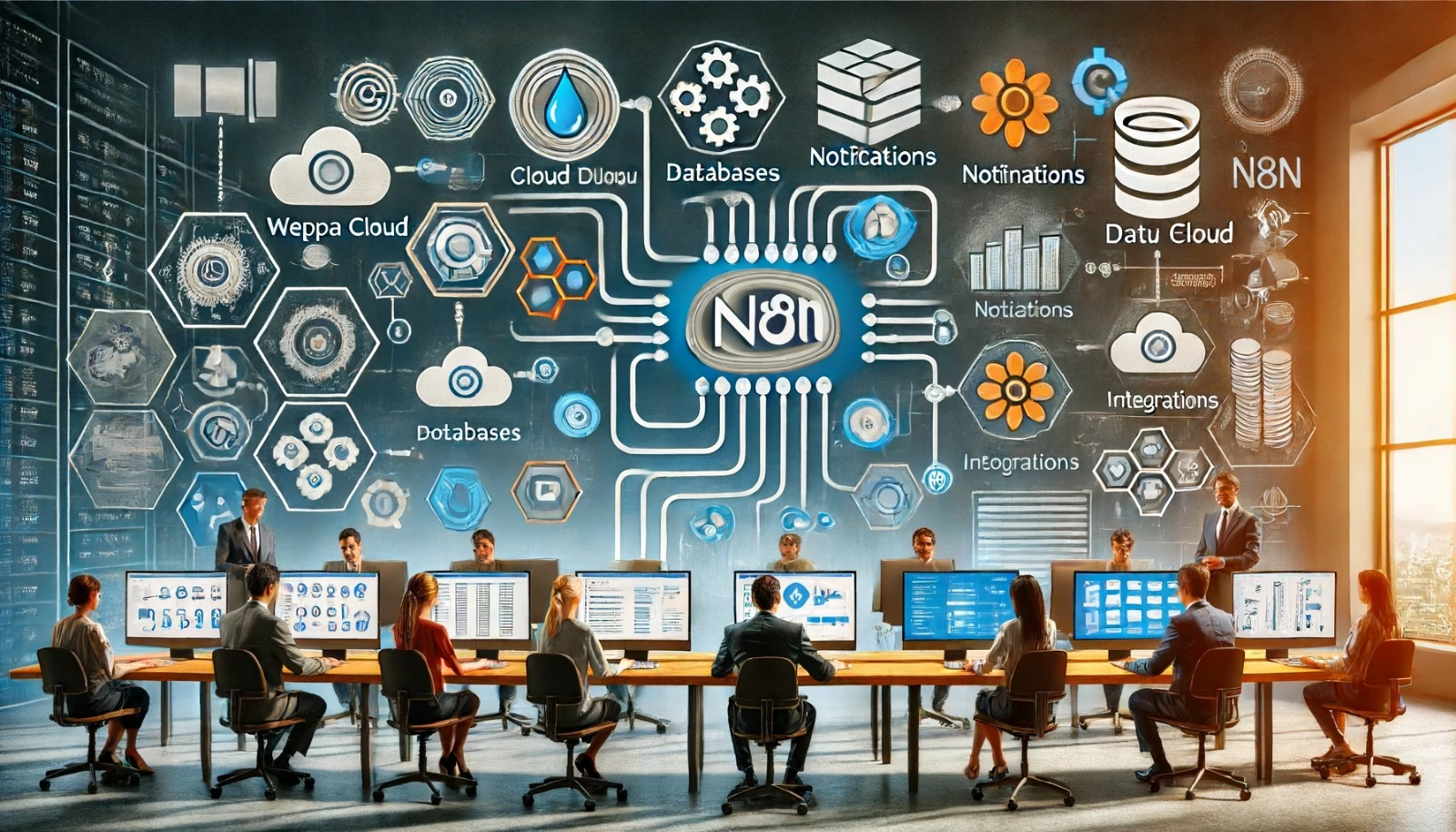 An image illustrating the advantages of using n8n for automation. Show a modern office environment with people working on computers, with a large screen displaying complex workflow diagrams and various application icons (e.g., email, databases, marketing tools). Emphasize the control and flexibility aspects by including icons of security shields, gears, and customization tools. The background should have elements representing data flow and integration.