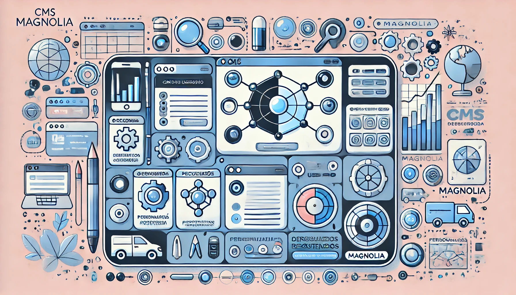 DALL·E 2024 07 02 20.50.17 Una imagen rectangular que ilustra el concepto de CMS Magnolia. La imagen muestra una interfaz de usuario moderna y atractiva de un software de gestio