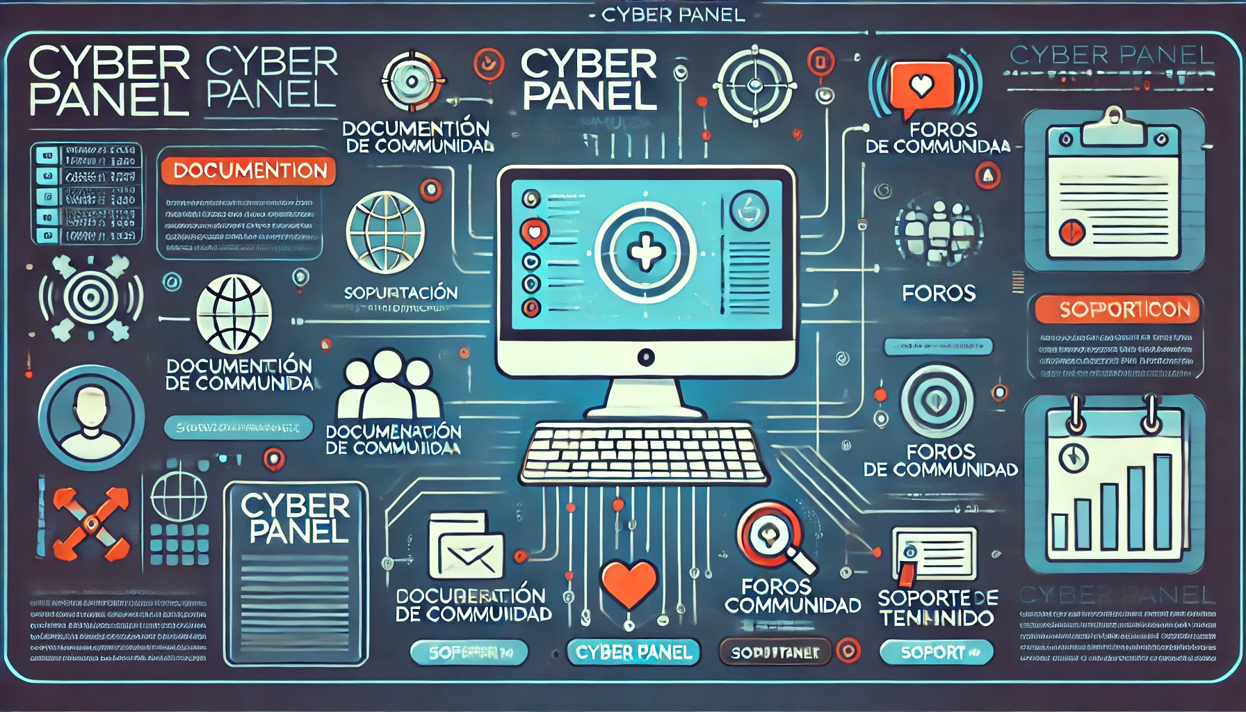 DALL·E 2024 07 02 22.33.38 Una ilustracion que muestre el soporte y la comunidad de Cyber Panel. La imagen debe incluir una pantalla de computadora con el panel de control de Cy