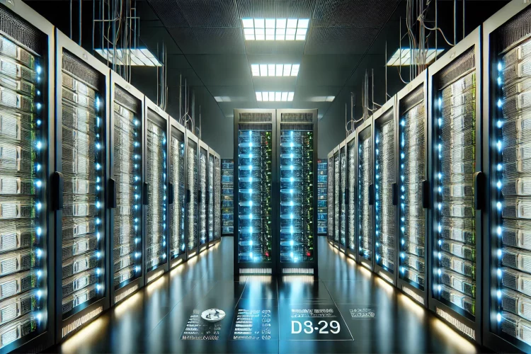 DALL·E 2024 07 07 16.31.15 Imagen rectangular que muestra un centro de datos con varios servidores dedicados. Los servidores estan alineados en filas con luces LED que indican s
