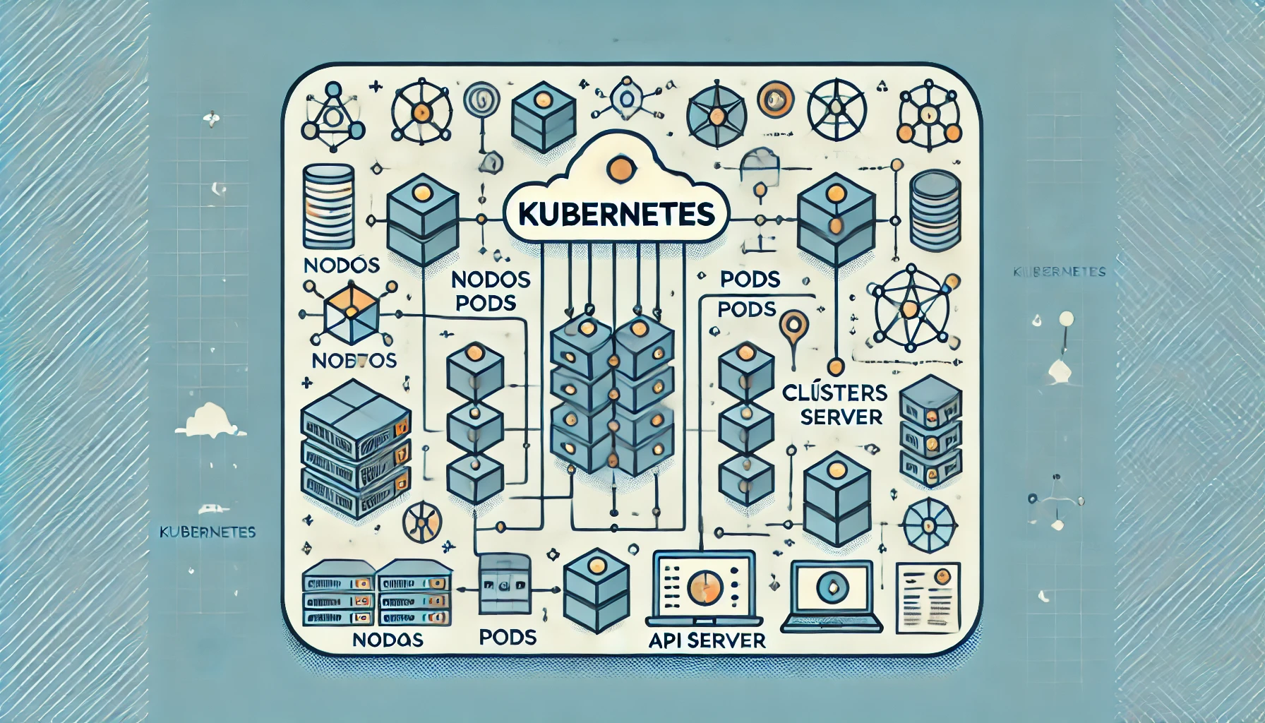 DALL·E 2024 07 07 16.49.24 Una imagen rectangular que represente Kubernetes. La imagen debe mostrar un diagrama detallado de la arquitectura de Kubernetes incluyendo componente