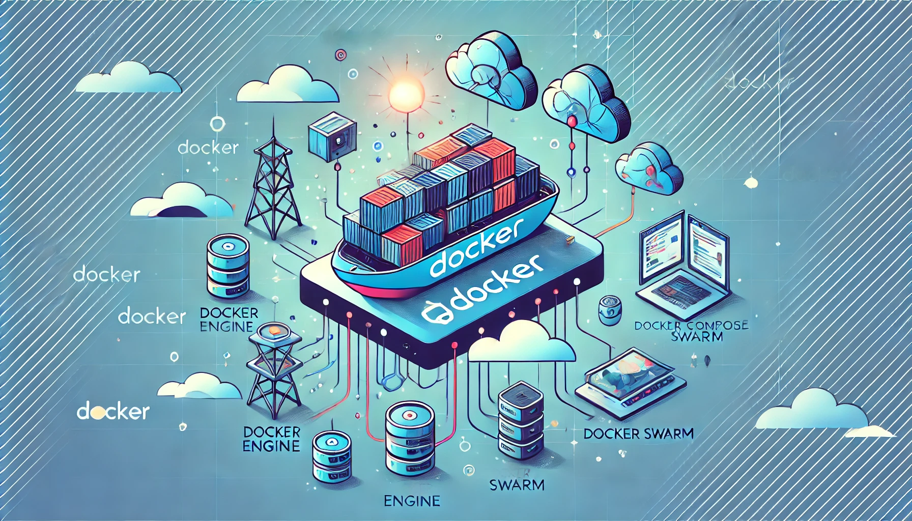 DALL·E 2024 07 09 22.22.57 Una ilustracion rectangular que represente Docker. Incluir elementos visuales como contenedores Docker Docker Engine Docker Compose Docker Swarm y