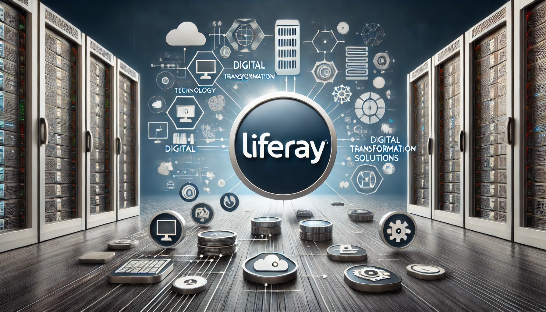 DALL·E 2024 07 10 20.32.00 A wide horizontal image showing the Liferay logo prominently with a modern and professional background. Include elements that represent technology d