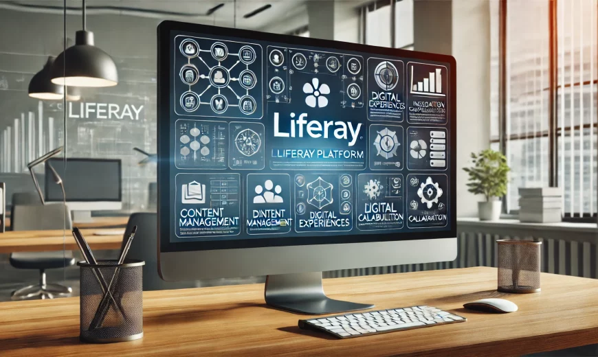 DALL·E 2024 07 10 21.52.24 A rectangular graphic illustrating Liferay. The image should feature the Liferay logo a sleek computer screen displaying the Liferay platform interfa