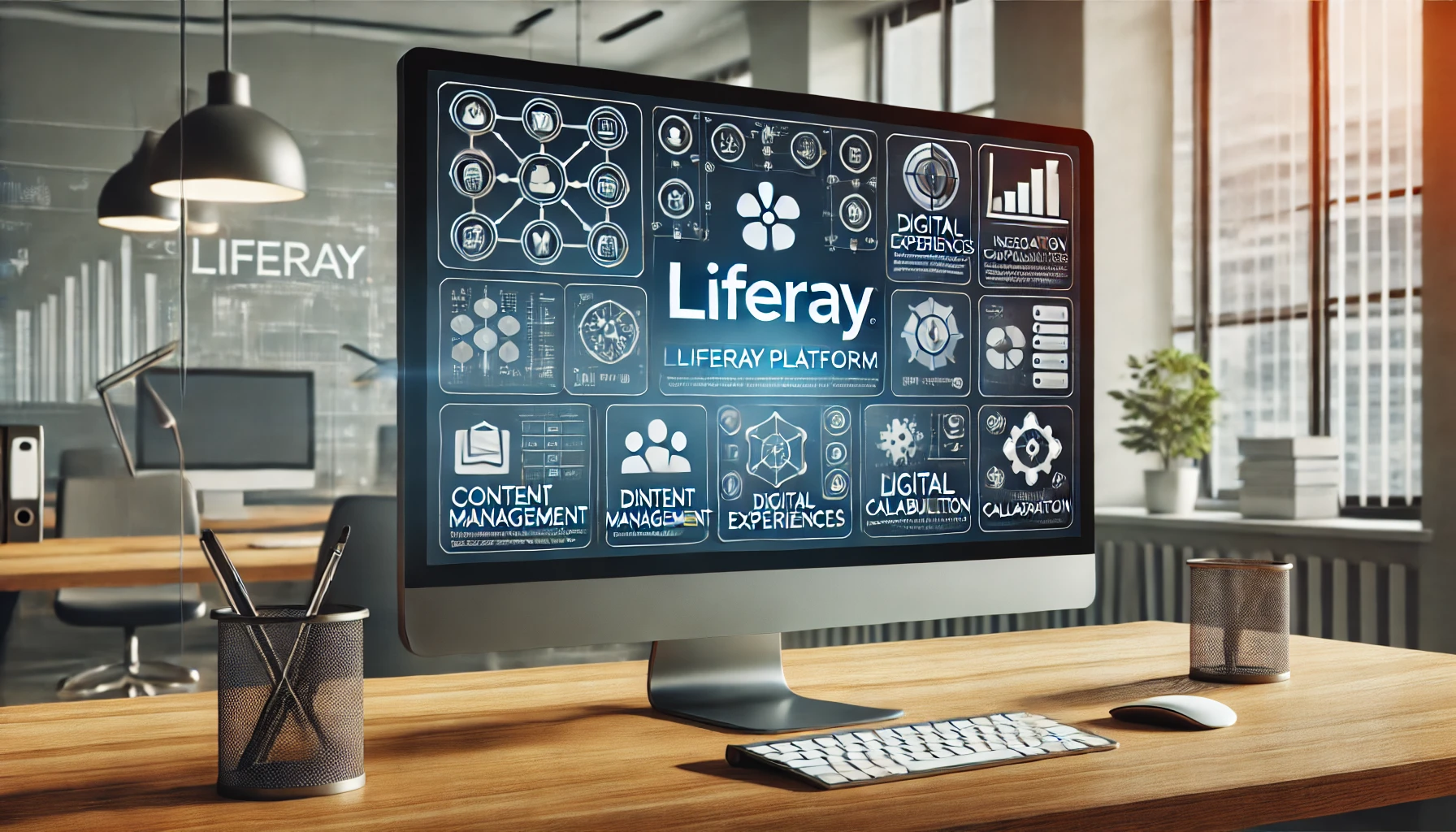 DALL·E 2024 07 10 21.52.24 A rectangular graphic illustrating Liferay. The image should feature the Liferay logo a sleek computer screen displaying the Liferay platform interfa