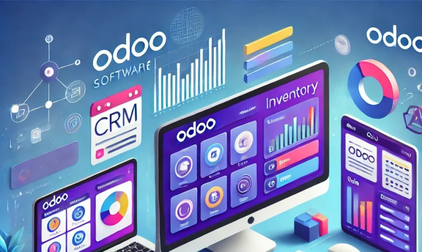 DALL·E 2024 07 11 12.18.35 A vibrant and modern illustration depicting the Odoo software interface on various devices including a desktop tablet and smartphone. The interface