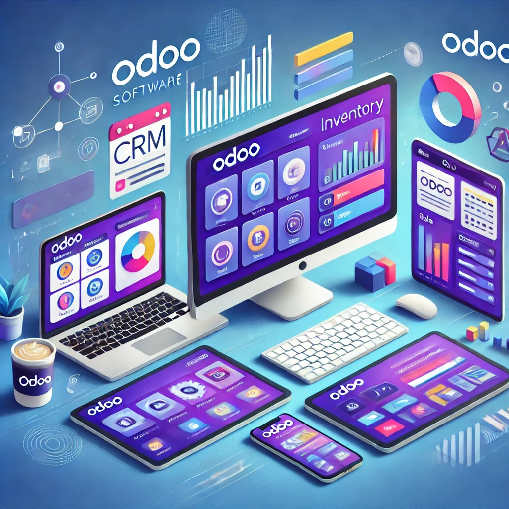 DALL·E 2024 07 11 12.18.35 A vibrant and modern illustration depicting the Odoo software interface on various devices including a desktop tablet and smartphone. The interface