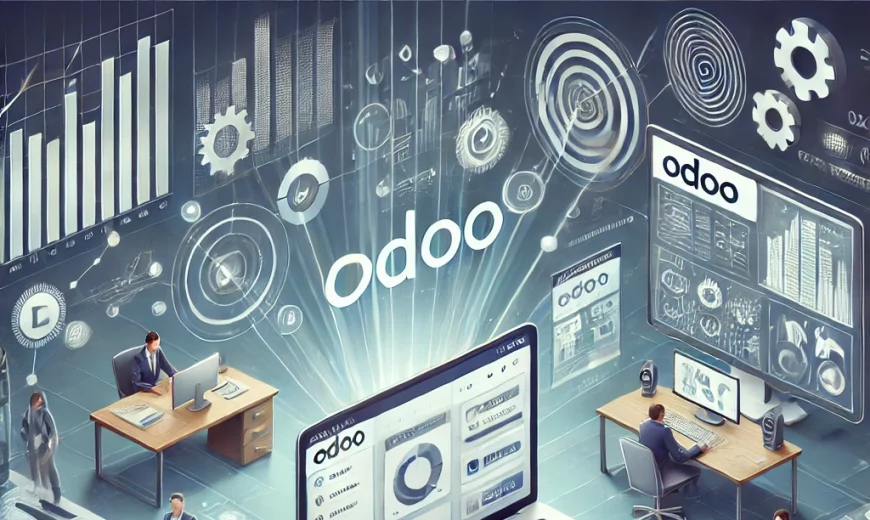 DALL·E 2024 07 11 12.24.47 A professional and dynamic illustration of Odoo software in use within a business environment. The scene includes various devices such as a laptop de