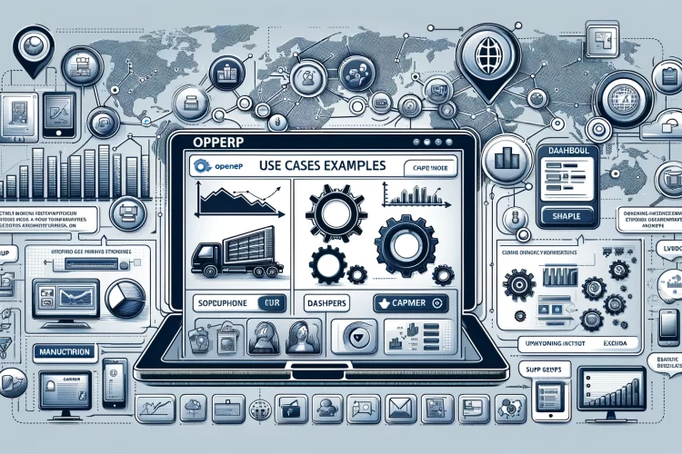 DALL·E 2024 07 11 15.45.28 A professional and modern horizontal illustration representing use cases and examples of OpenERP. The image should include elements such as charts gr