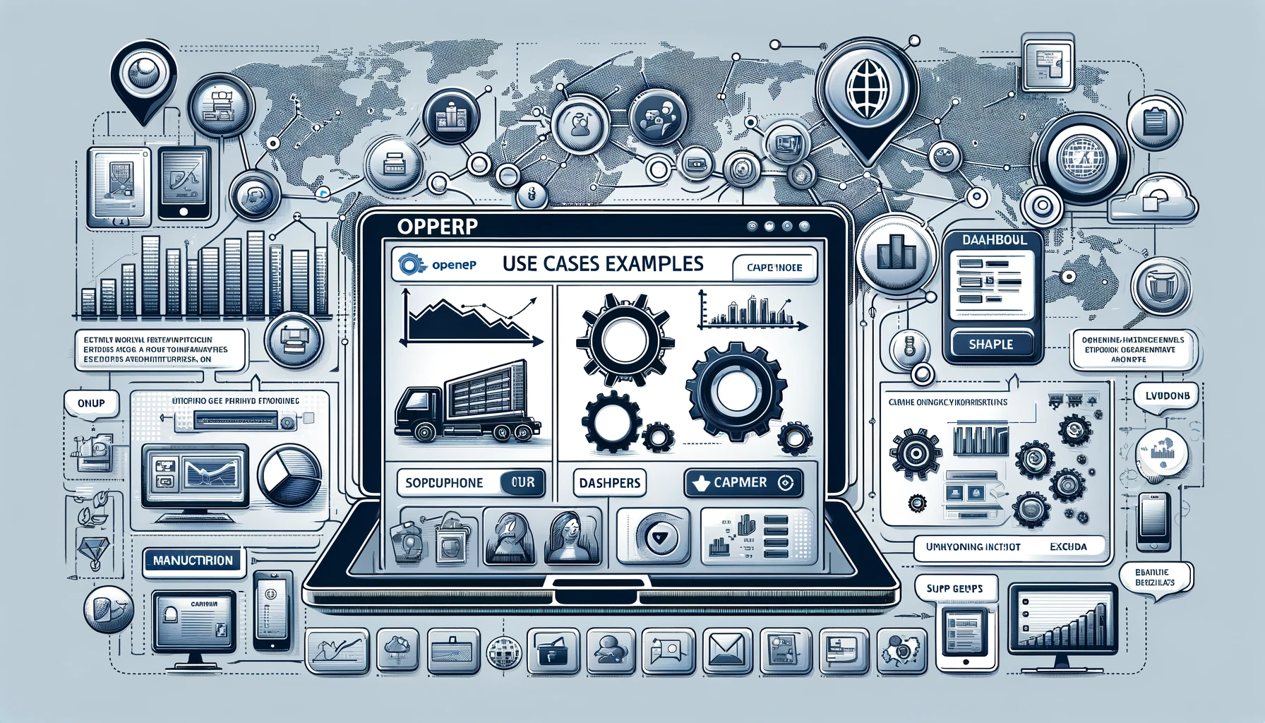 DALL·E 2024 07 11 15.45.28 A professional and modern horizontal illustration representing use cases and examples of OpenERP. The image should include elements such as charts gr