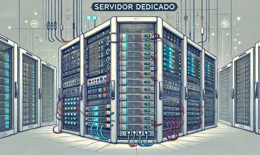 DALL·E 2024 07 11 18.42.36 A detailed rectangular illustration of a dedicated server in a data center environment. The image should show a high performance server rack with mult