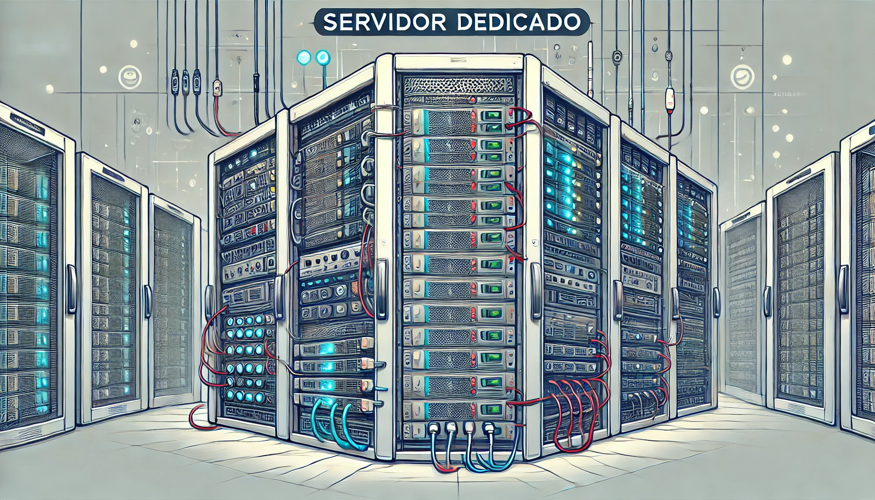 DALL·E 2024 07 11 18.42.36 A detailed rectangular illustration of a dedicated server in a data center environment. The image should show a high performance server rack with mult