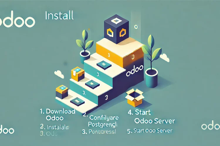 DALL·E 2024 07 11 19.55.59 A visually appealing rectangular image titled Install Odoo showing a step by step installation guide. The steps include 1. Download Odoo 2. Insta