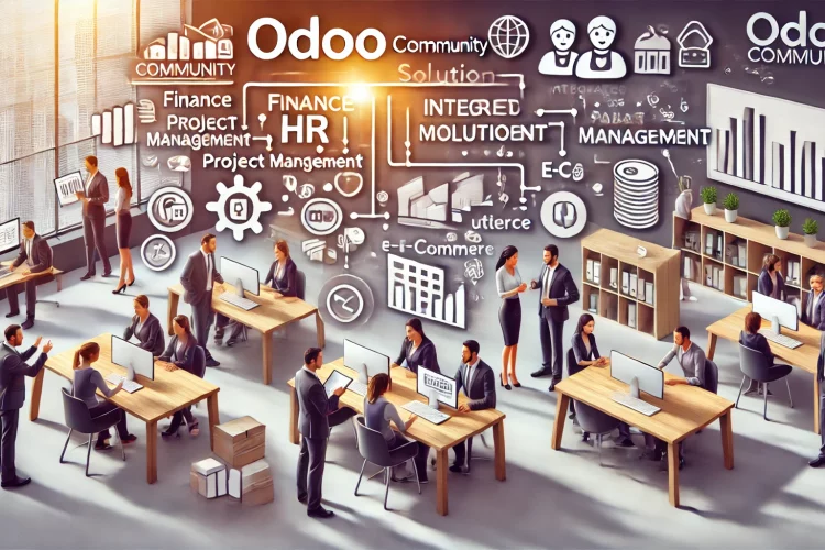 DALL·E 2024 07 16 19.35.31 A wide illustration showing Odoo Community as an integrated business management solution. The image features a modern office with a collaborative atmo