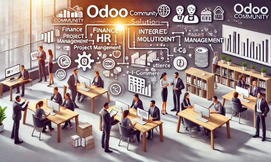 DALL·E 2024 07 16 19.35.31 A wide illustration showing Odoo Community as an integrated business management solution. The image features a modern office with a collaborative atmo