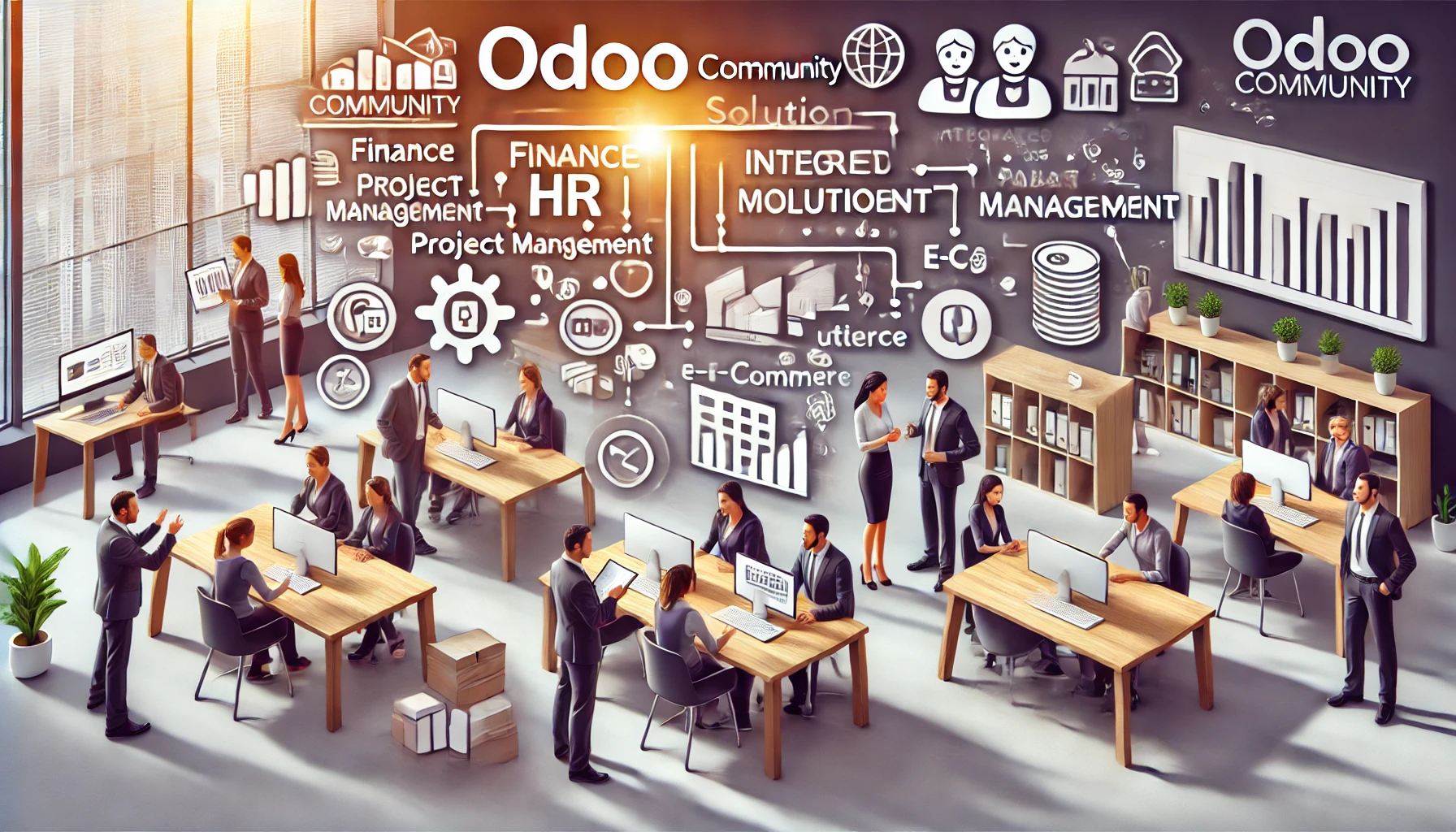 DALL·E 2024 07 16 19.35.31 A wide illustration showing Odoo Community as an integrated business management solution. The image features a modern office with a collaborative atmo