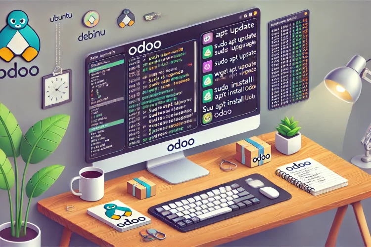 DALL·E 2024 07 16 20.59.36 A detailed rectangular illustration showing the installation process of Odoo. The image should depict a modern workspace with a wide computer screen d