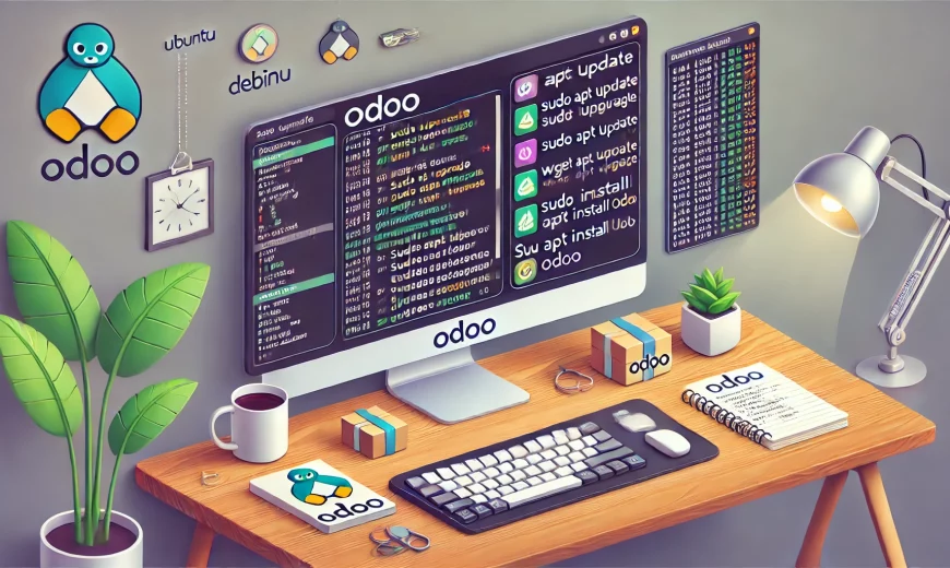 DALL·E 2024 07 16 20.59.36 A detailed rectangular illustration showing the installation process of Odoo. The image should depict a modern workspace with a wide computer screen d