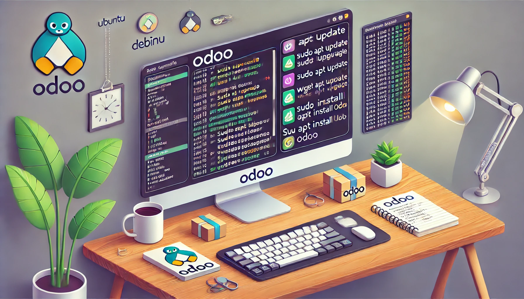 DALL·E 2024 07 16 20.59.36 A detailed rectangular illustration showing the installation process of Odoo. The image should depict a modern workspace with a wide computer screen d