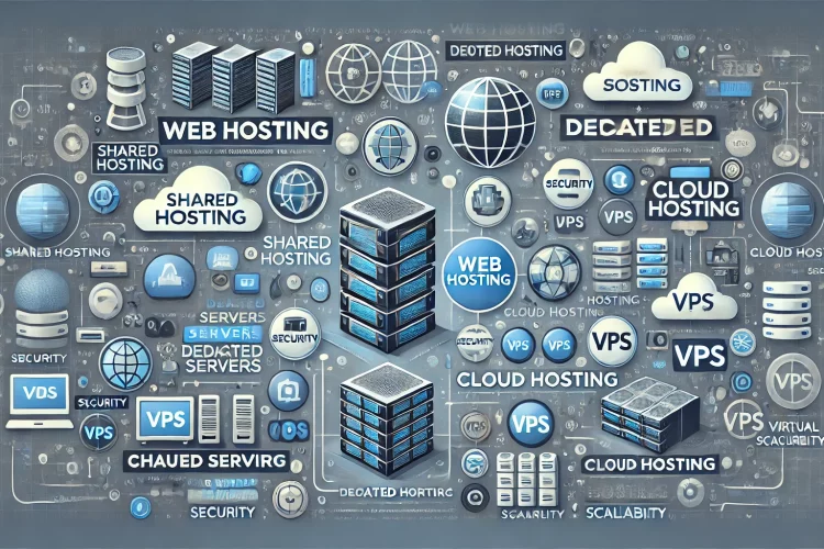 DALL·E 2024 07 16 21.35.21 An image showcasing various types of web hosting services. The image includes icons and elements representing shared hosting dedicated servers cloud