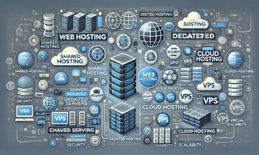 DALL·E 2024 07 16 21.35.21 An image showcasing various types of web hosting services. The image includes icons and elements representing shared hosting dedicated servers cloud