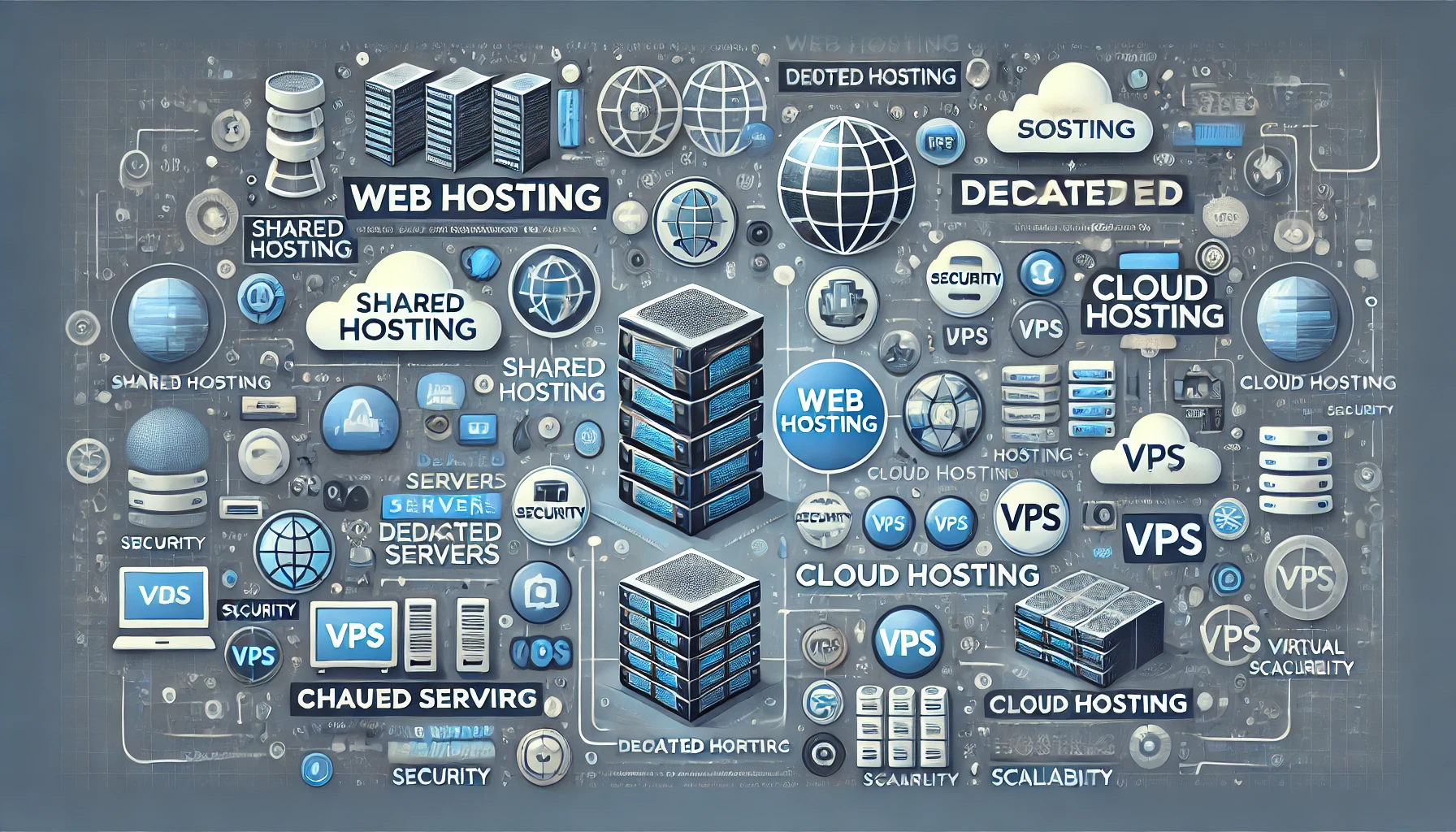 DALL·E 2024 07 16 21.35.21 An image showcasing various types of web hosting services. The image includes icons and elements representing shared hosting dedicated servers cloud