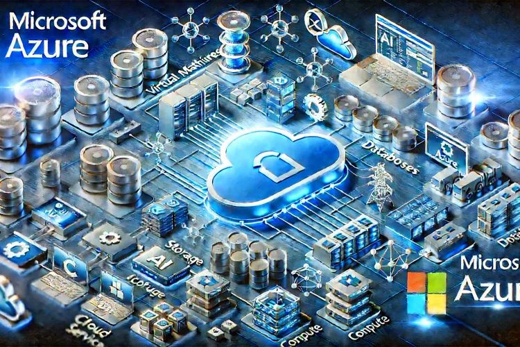 DALL·E 2024 09 27 17.47.44 A detailed visual representation of the Microsoft Azure platform. Show a cloud infrastructure with interconnected services such as virtual machines d