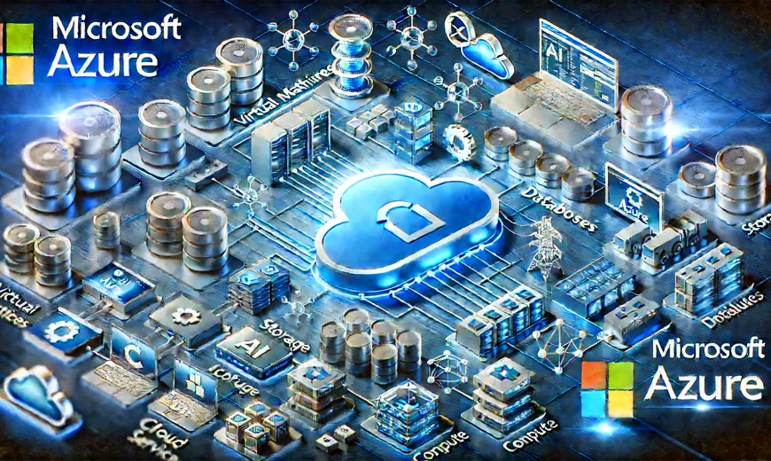 DALL·E 2024 09 27 17.47.44 A detailed visual representation of the Microsoft Azure platform. Show a cloud infrastructure with interconnected services such as virtual machines d