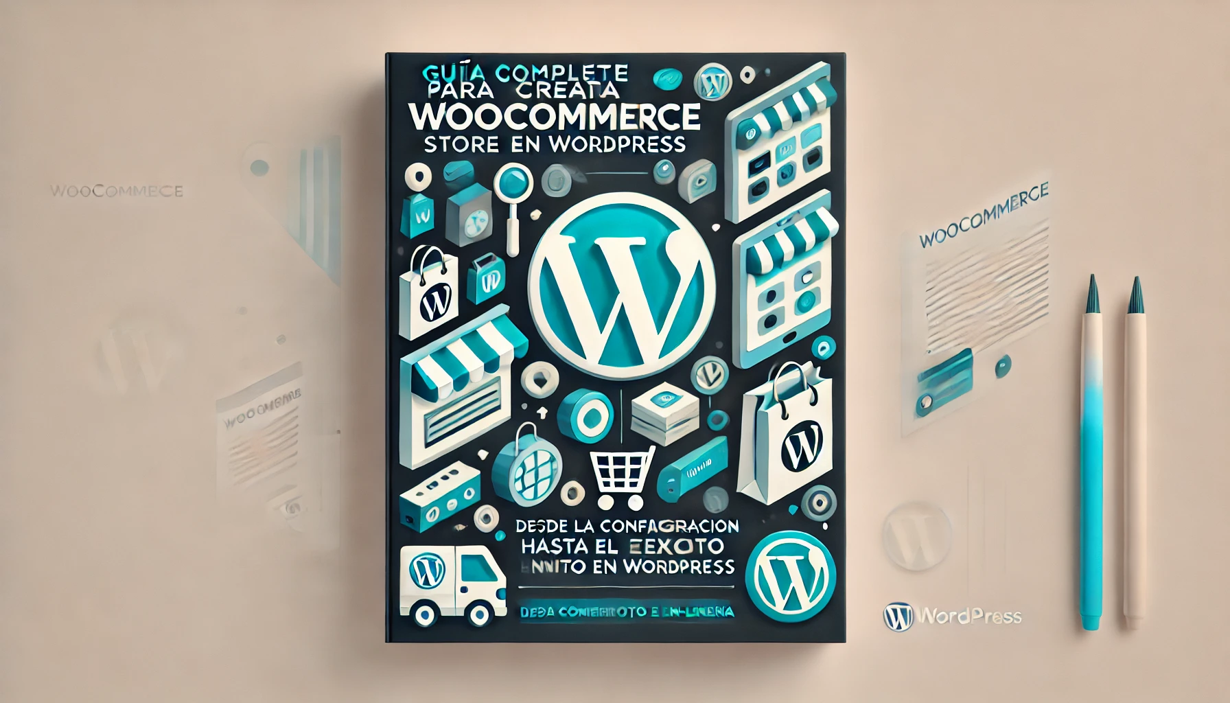 DALL·E 2024 09 27 19.33.06 A complete guide cover for creating a WooCommerce store on WordPress. The image should have a modern and sleek design with a clear and inviting layout