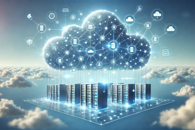 DALL·E 2024 11 04 17.59.35 A high resolution rectangular image of a digital cloud infrastructure concept. The image features a stylized network of connected servers storage a