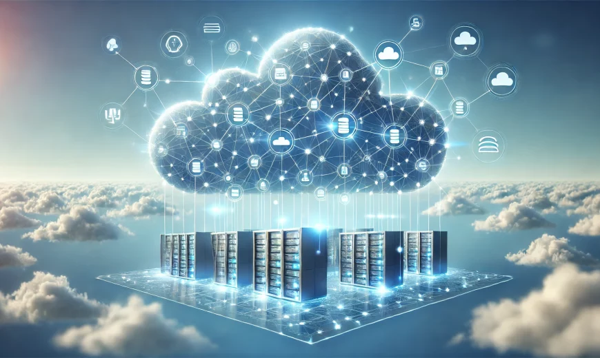 DALL·E 2024 11 04 17.59.35 A high resolution rectangular image of a digital cloud infrastructure concept. The image features a stylized network of connected servers storage a