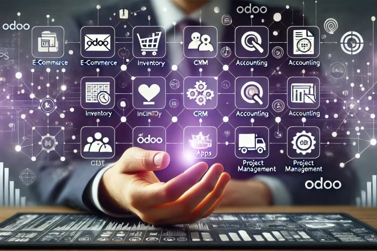 DALL·E 2024 11 04 18.13.42 A high resolution rectangular image illustrating Odoo apps. Display multiple digital icons representing various Odoo applications such as e commerce