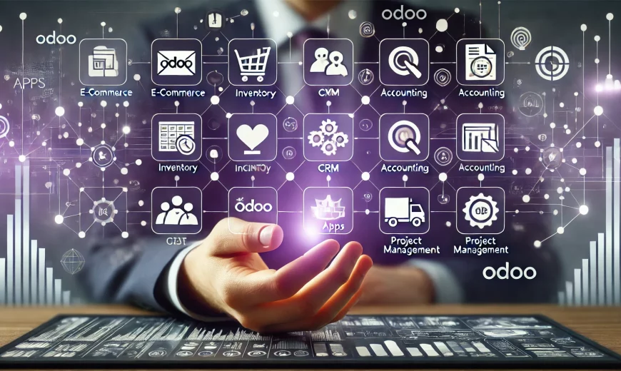 DALL·E 2024 11 04 18.13.42 A high resolution rectangular image illustrating Odoo apps. Display multiple digital icons representing various Odoo applications such as e commerce