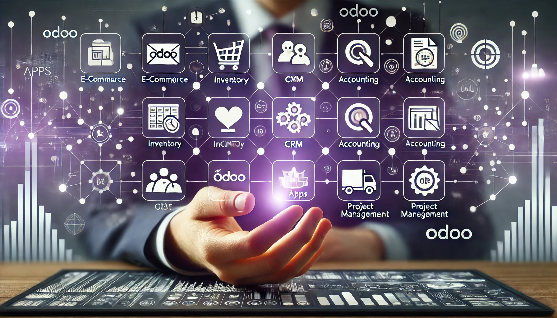 DALL·E 2024 11 04 18.13.42 A high resolution rectangular image illustrating Odoo apps. Display multiple digital icons representing various Odoo applications such as e commerce