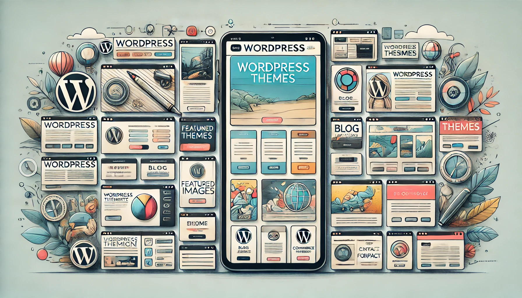 DALL·E 2024 11 05 21.25.29 A wide rectangular illustration showcasing various themes of WordPress website design. Display a range of themes from minimalistic and professional t