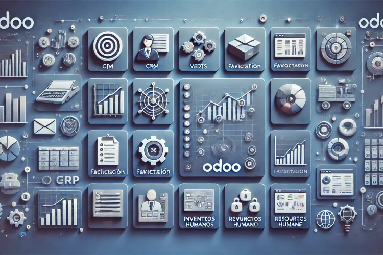 DALL·E 2024 11 12 22.24.03 Imagen rectangular sobre Odoo mostrando un software ERP moderno con una interfaz limpia y profesional. La pantalla presenta modulos de gestion empres