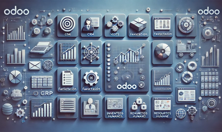 DALL·E 2024 11 12 22.24.03 Imagen rectangular sobre Odoo mostrando un software ERP moderno con una interfaz limpia y profesional. La pantalla presenta modulos de gestion empres