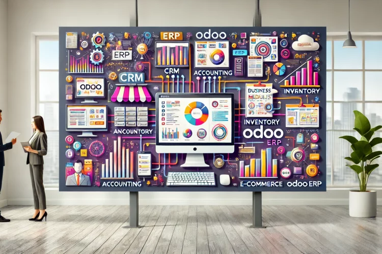 DALL·E 2024 11 18 22.11.53 A wide rectangular banner illustration showcasing Odoo ERP highlighting its features and benefits. The design includes visuals of interconnected busi