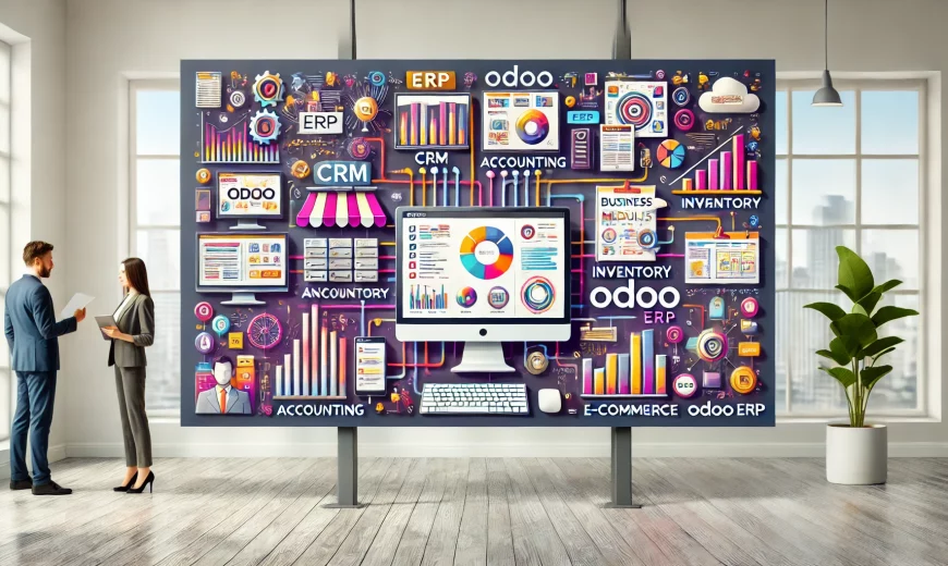 DALL·E 2024 11 18 22.11.53 A wide rectangular banner illustration showcasing Odoo ERP highlighting its features and benefits. The design includes visuals of interconnected busi